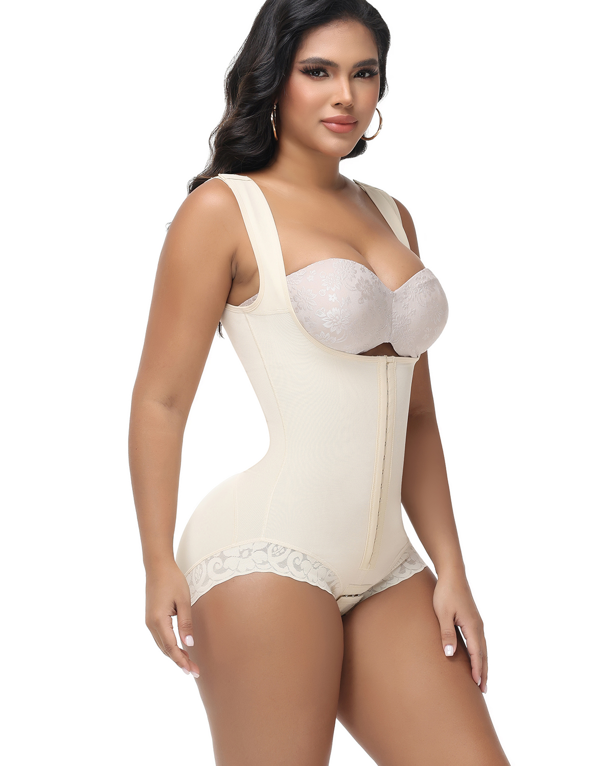 Short One-Piece Eye N Hook Shapewear With Wide Straps Tummy Control Fajas Butt-Lifting Slimming Bodysuit