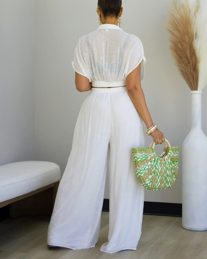 Casual Lapel Cropped Top Wide Leg Pants 2-Piece Set