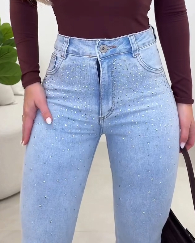 High Waist Fashion Rhinestone Flared Jeans