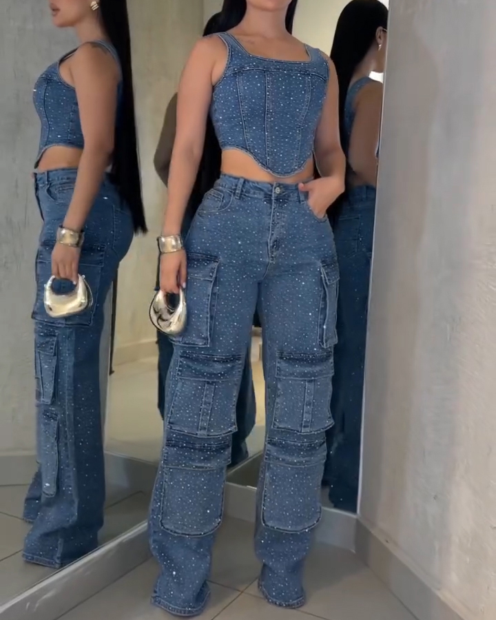 Rhinestone Suspender  Overalls Pants Set (Pre-Sale)