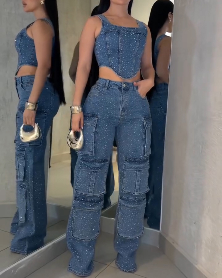 Rhinestone Suspender  Overalls Pants Set (Pre-Sale)