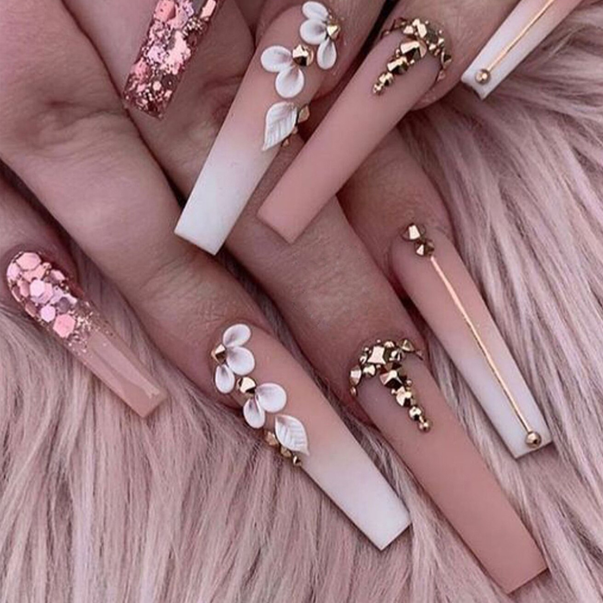 Gradient Camellia Wearable Manicure with Diamonds