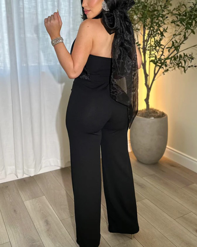 Sexy Sleeveless Mesh Halter Neck Bodycon Jumpsuit