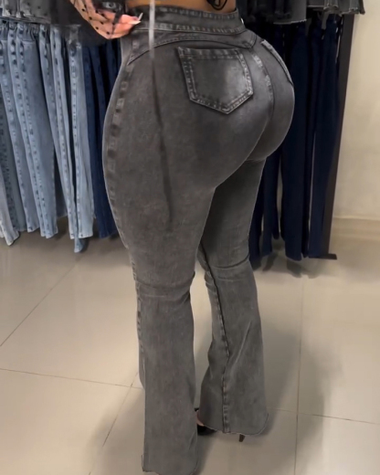 Front Zipper Frayed Skinny Flared Jeans