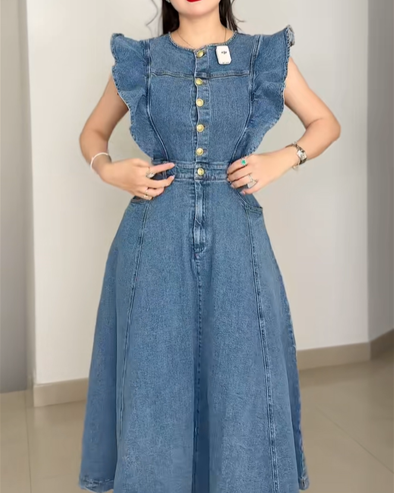 Waist Tie Ruffle Sleeve Button Front Denim Skirt