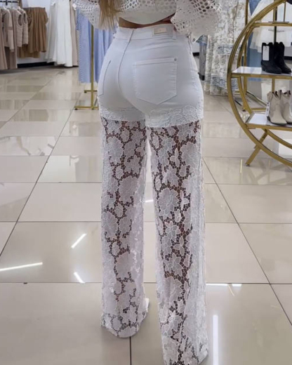 New See Through Lace Slim Straight Leg Jeans