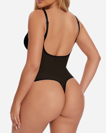 Deep V-Neck Backless Mesh Slimming Thong Bodysuit