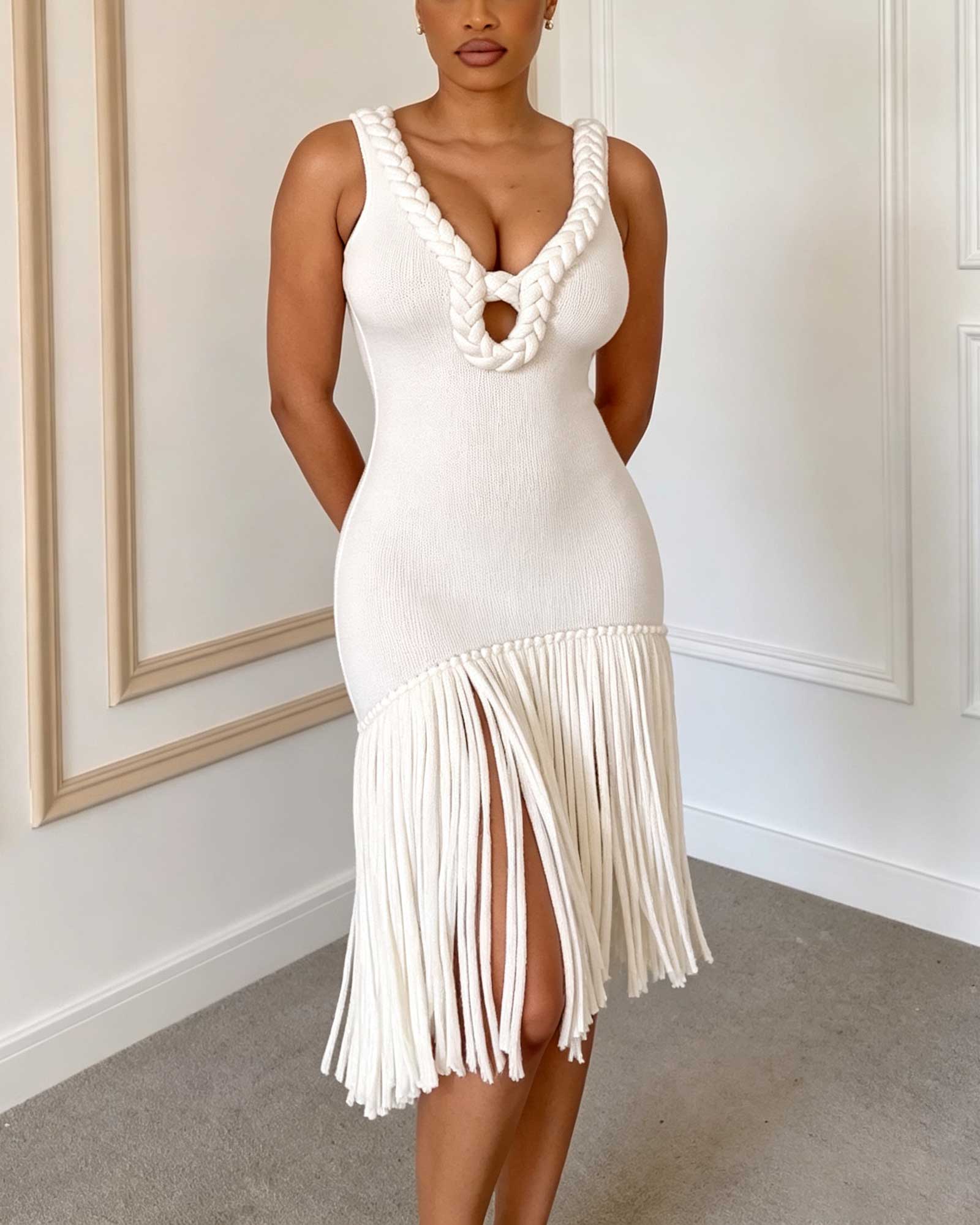 Chunky Knit V-Neck Openwork Tassel Hem Ribbed Knit Slim Fit Midi Dress