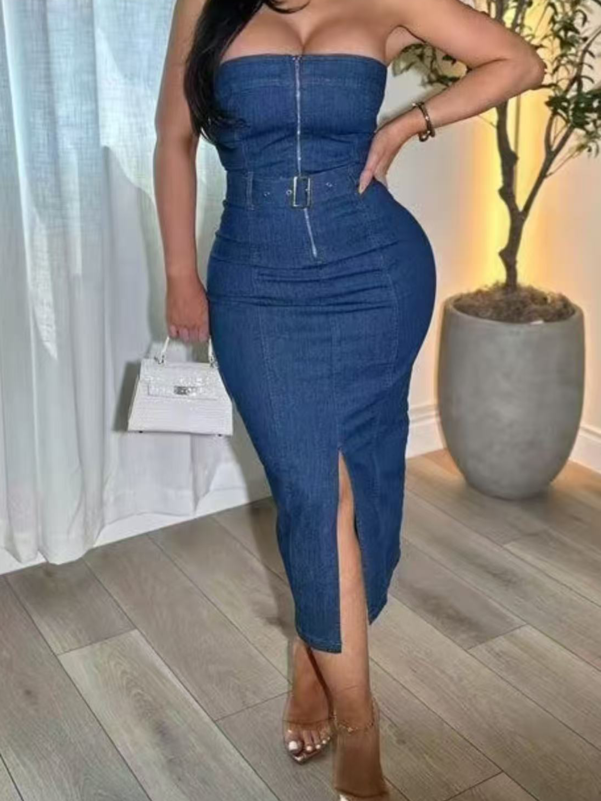 Feminine S-Curve Slim Waist Tube Top Denim Slit Long Skirt