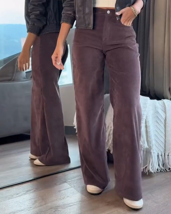 Women's Vintage Corduroy High Waist Wide Leg Pocketed Pants Trouser