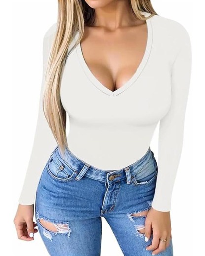 V-Neck Long Sleeve Form-Fitting Basic Bodysuit