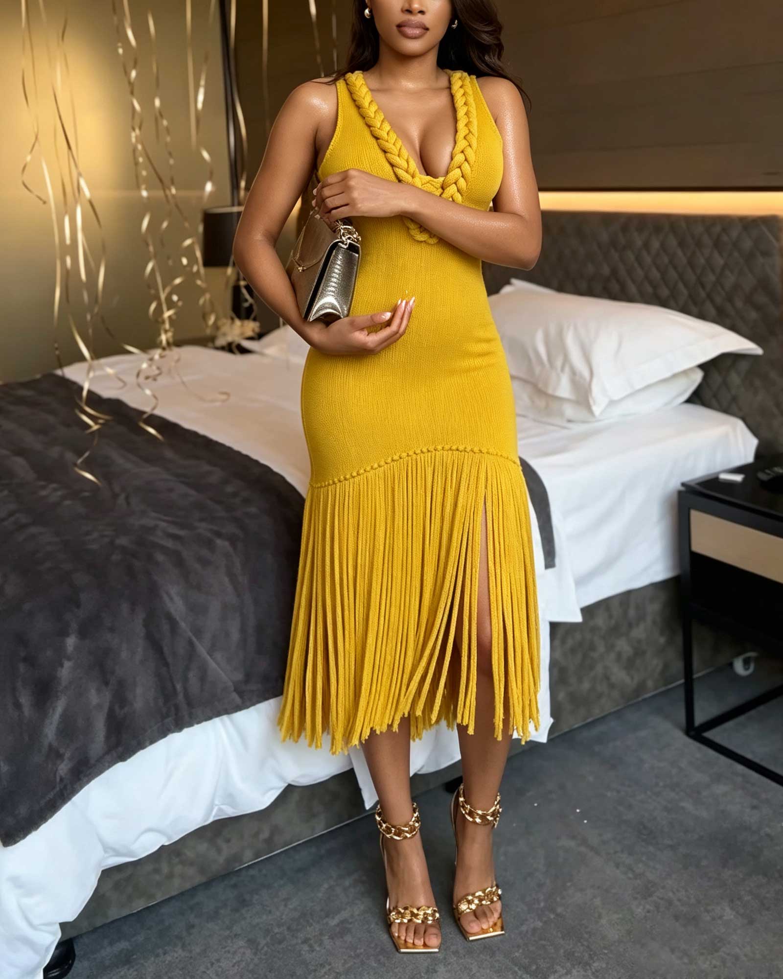 Chunky Knit V-Neck Openwork Tassel Hem Ribbed Knit Slim Fit Midi Dress