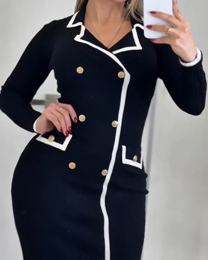 Color-Blocked Knit Long-Sleeved Bodycon Dress