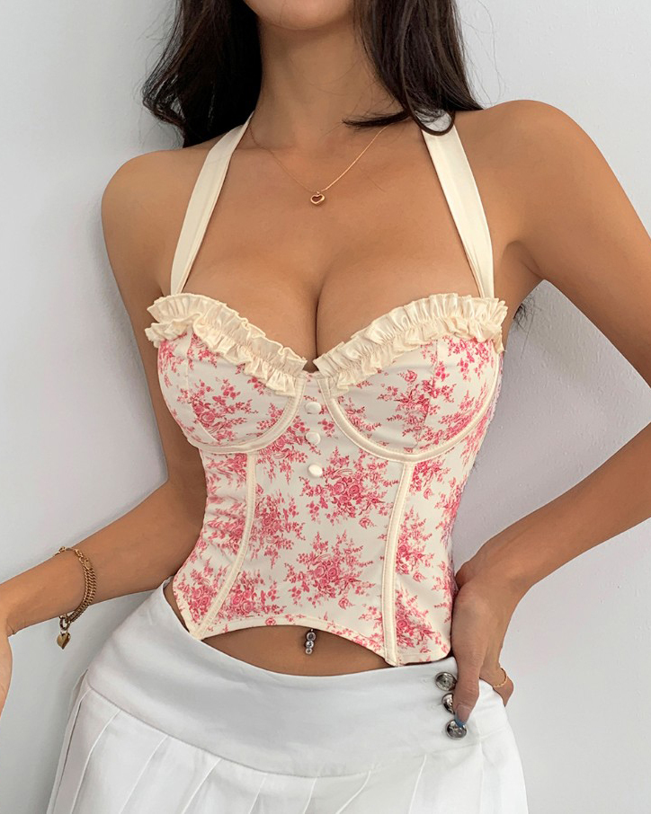Sexy Print Halter Neck Tie Back Corset Top