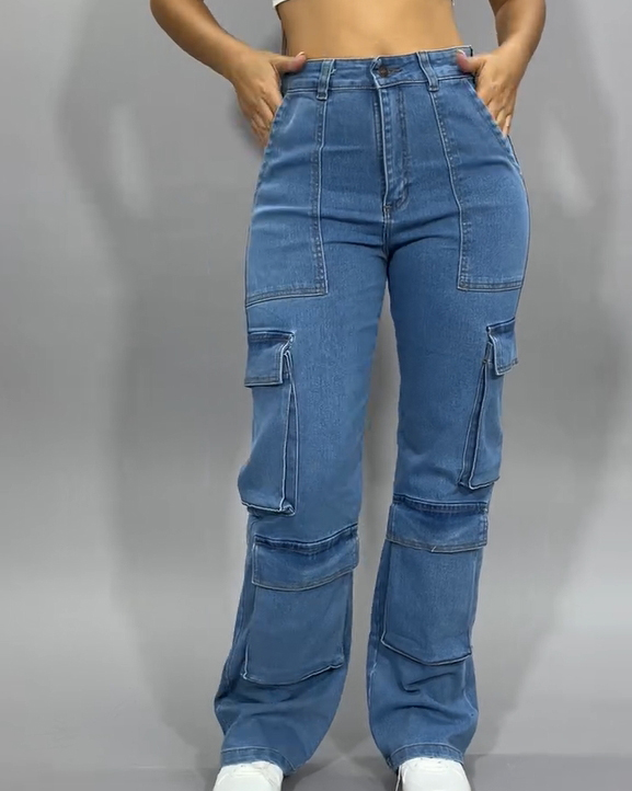 Women High Waist Straight Leg Trendy Stretchy Cargo Jeans