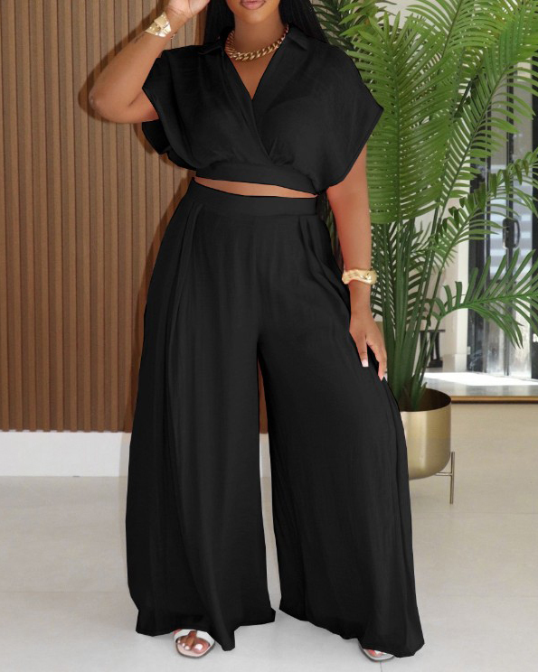 Casual Lapel Cropped Top Wide Leg Pants 2-Piece Set