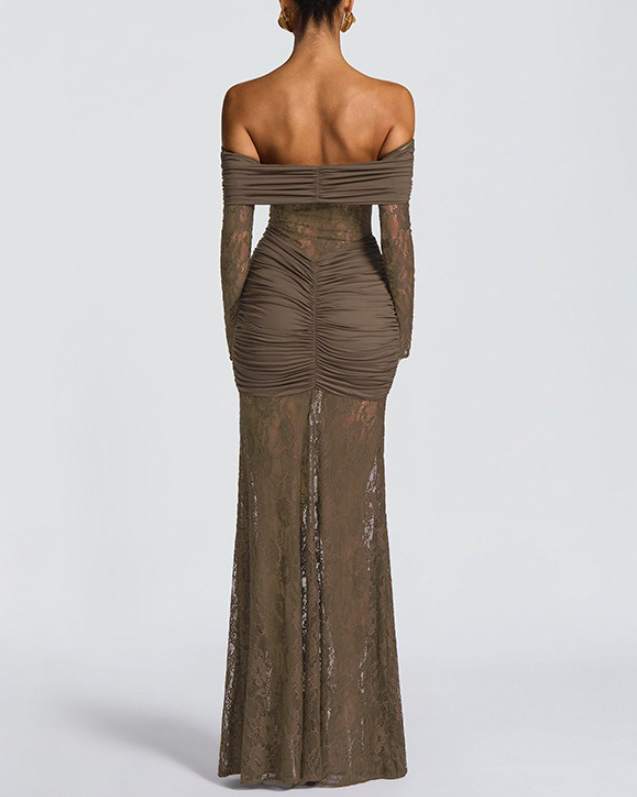 Sexy Lace Off-Shoulder Slit Long-Sleeved Dress