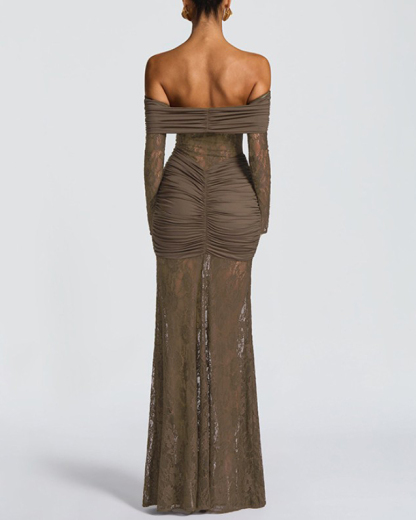 Sexy Lace Off-Shoulder Slit Long-Sleeved Dress