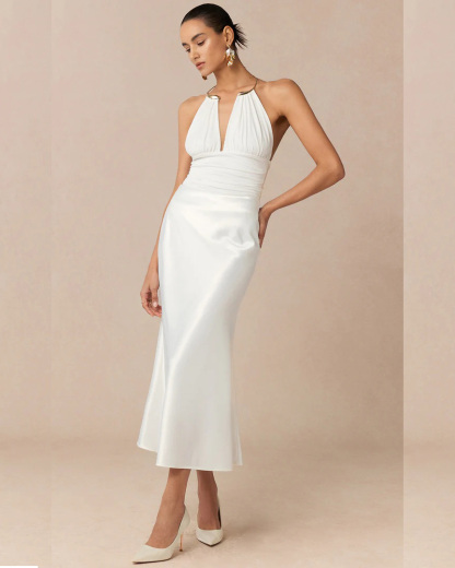 Metallic Decor Halter Neck Ruched Sleeveless Backless Bodysuit