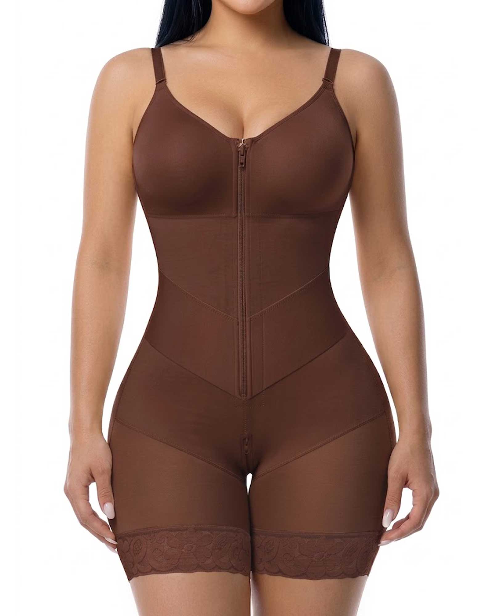 Adjustable Shoulder Straps Front Zipper Mesh Paneling Tummy Control Lace Hem Hip-Lifting Shapewear
