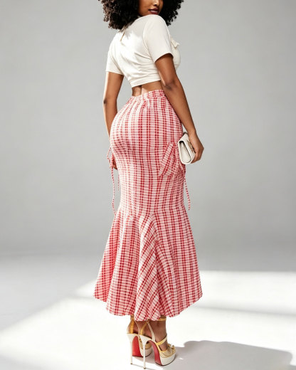 Irregular Plaid Skirt With Lace Splicing