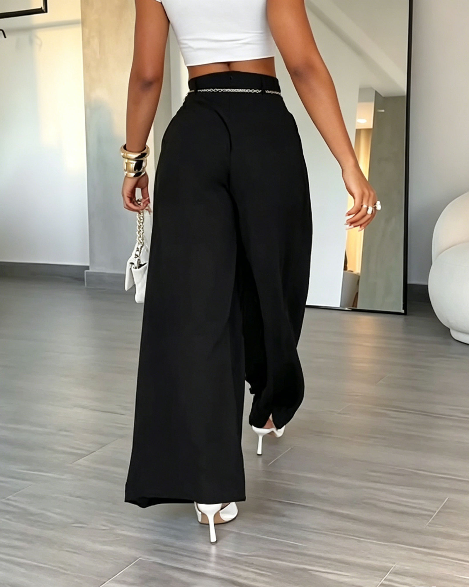 High-Waisted Pleated Flowy Wide-Leg Pants