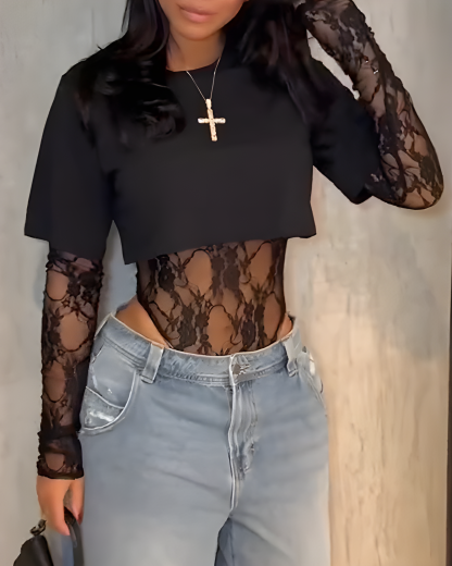 Lace Bodysuit T-Shirt Two-Piece Set
