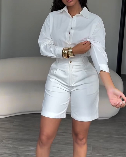 2 Piece Sets For Women Elegant Button-Down Shirt Paired with Tailored Bermuda Shorts