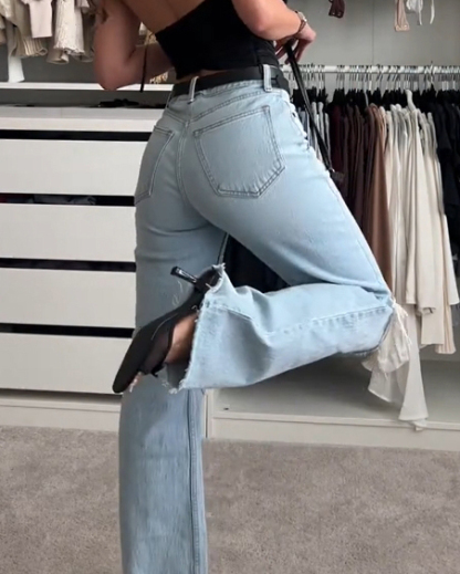 Womens High Waist Stretchy Ripped Distressed Tummy Control Straight Jeans