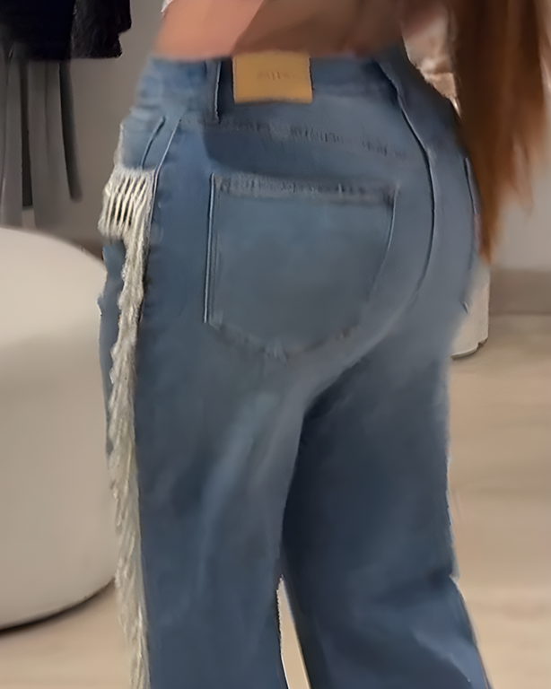 Women's Beaded Tassel Trim Straight Leg Jeans