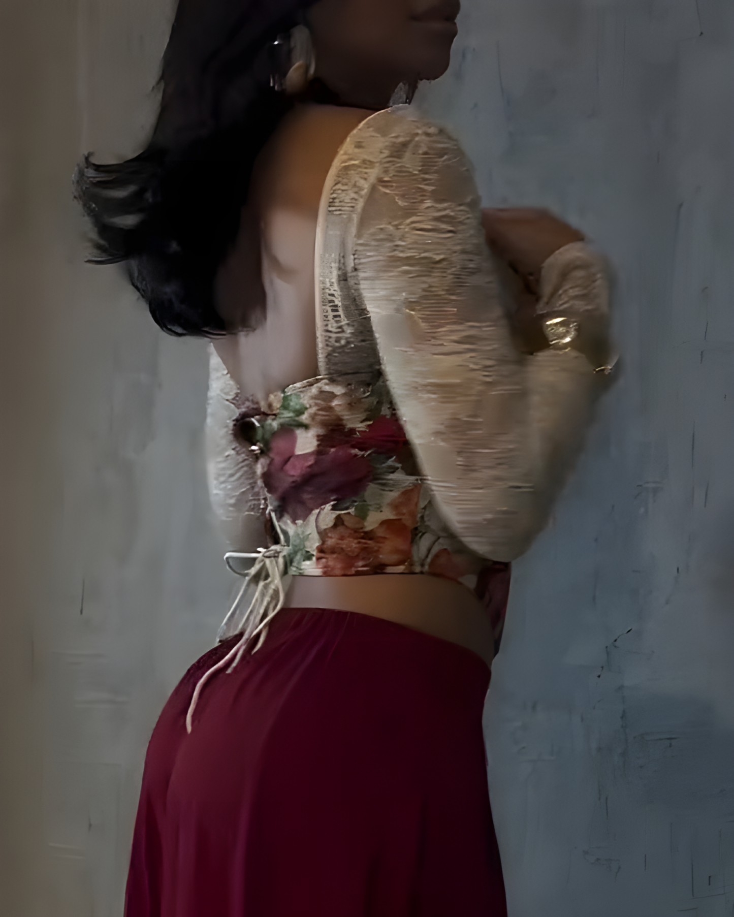 Sexy Printed Lace Panel Long Sleeve Corset Top