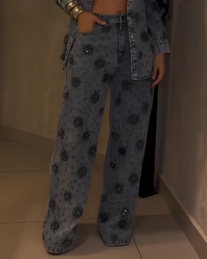 Women's Floral Beaded Sparkling Straight Leg Jeans