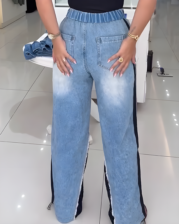High-Rise Lace Panel Wide-Leg Jeans
