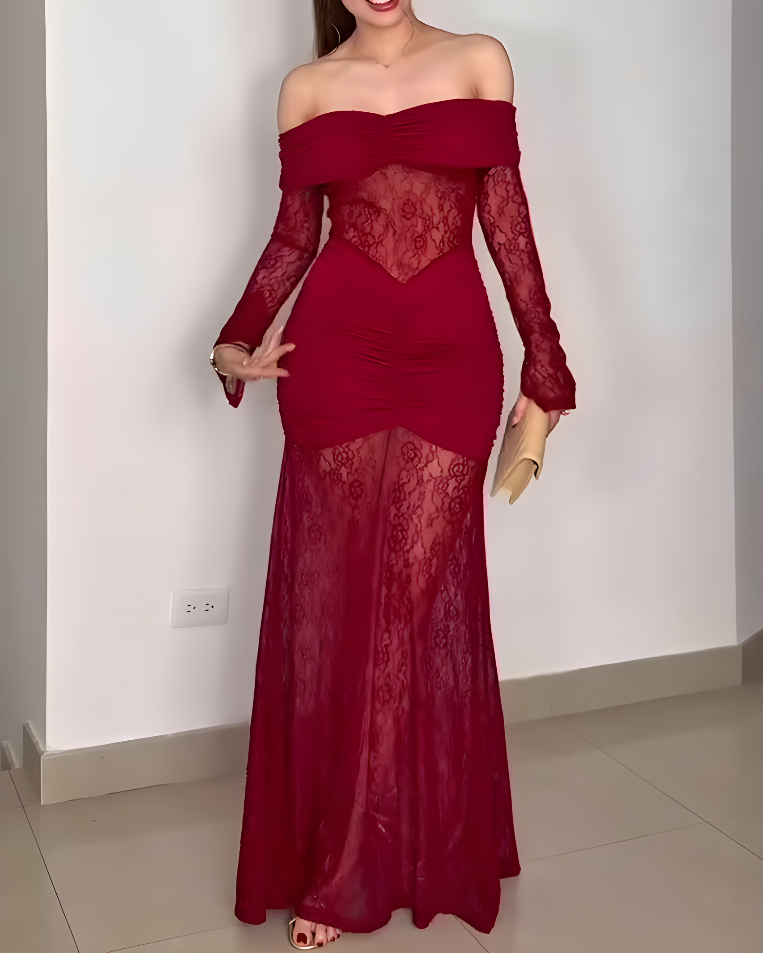 Sexy Lace Off-Shoulder Slit Long-Sleeved Dress