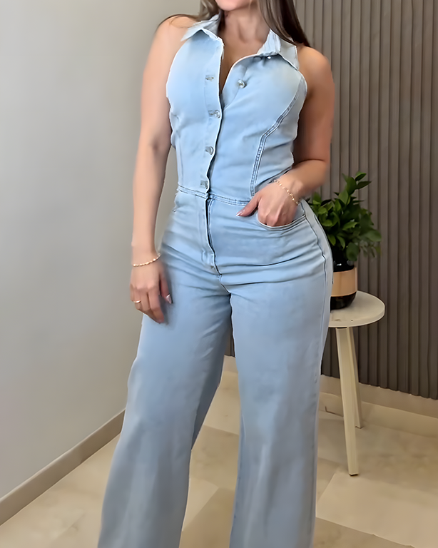 Sleeveless Halter Neck Lapel Wide-Leg Denim Jumpsuit