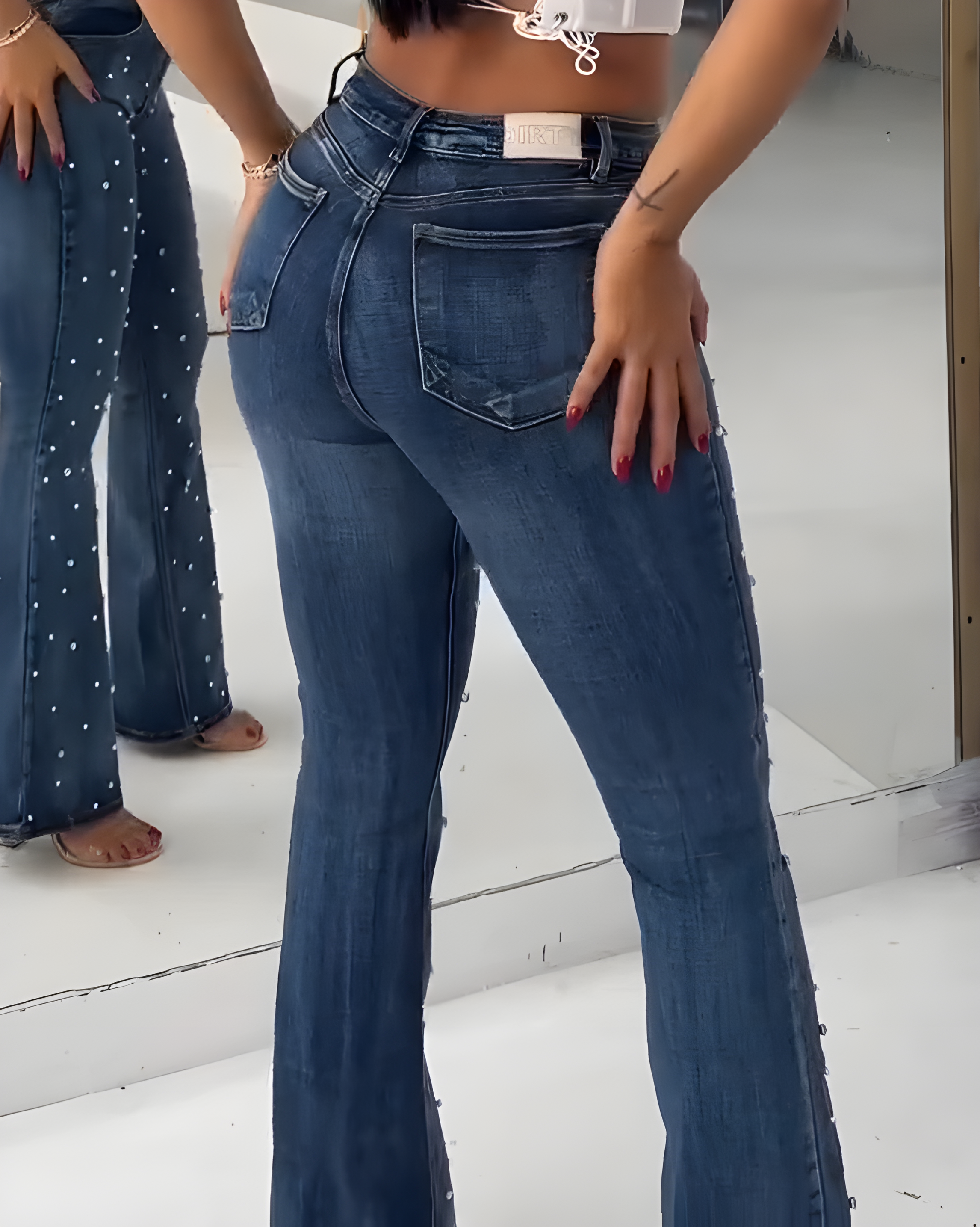 Sparkling Rhinestones Wide-Leg Jeans