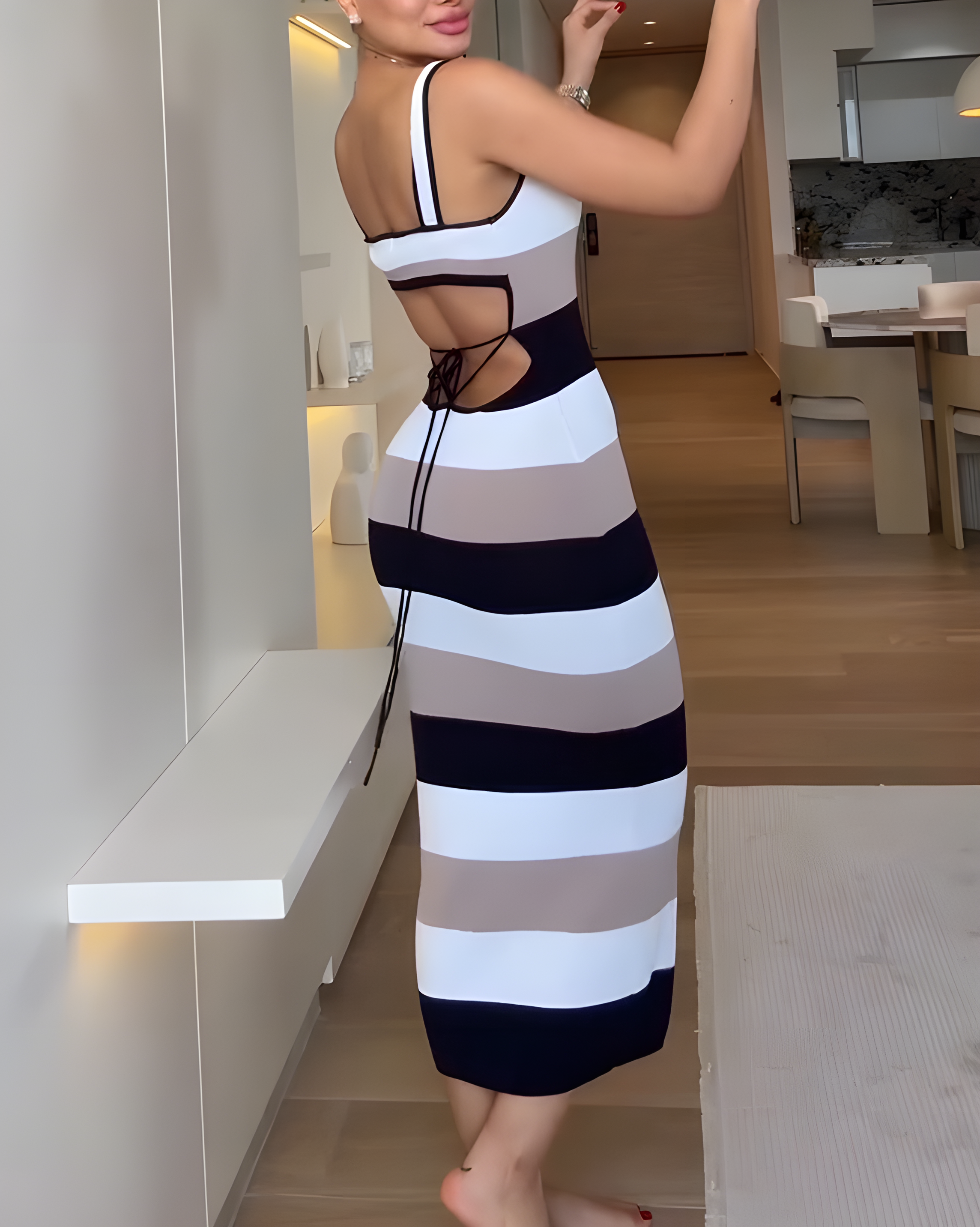 Striped Tie-Back Ribbed Bodycon Dress