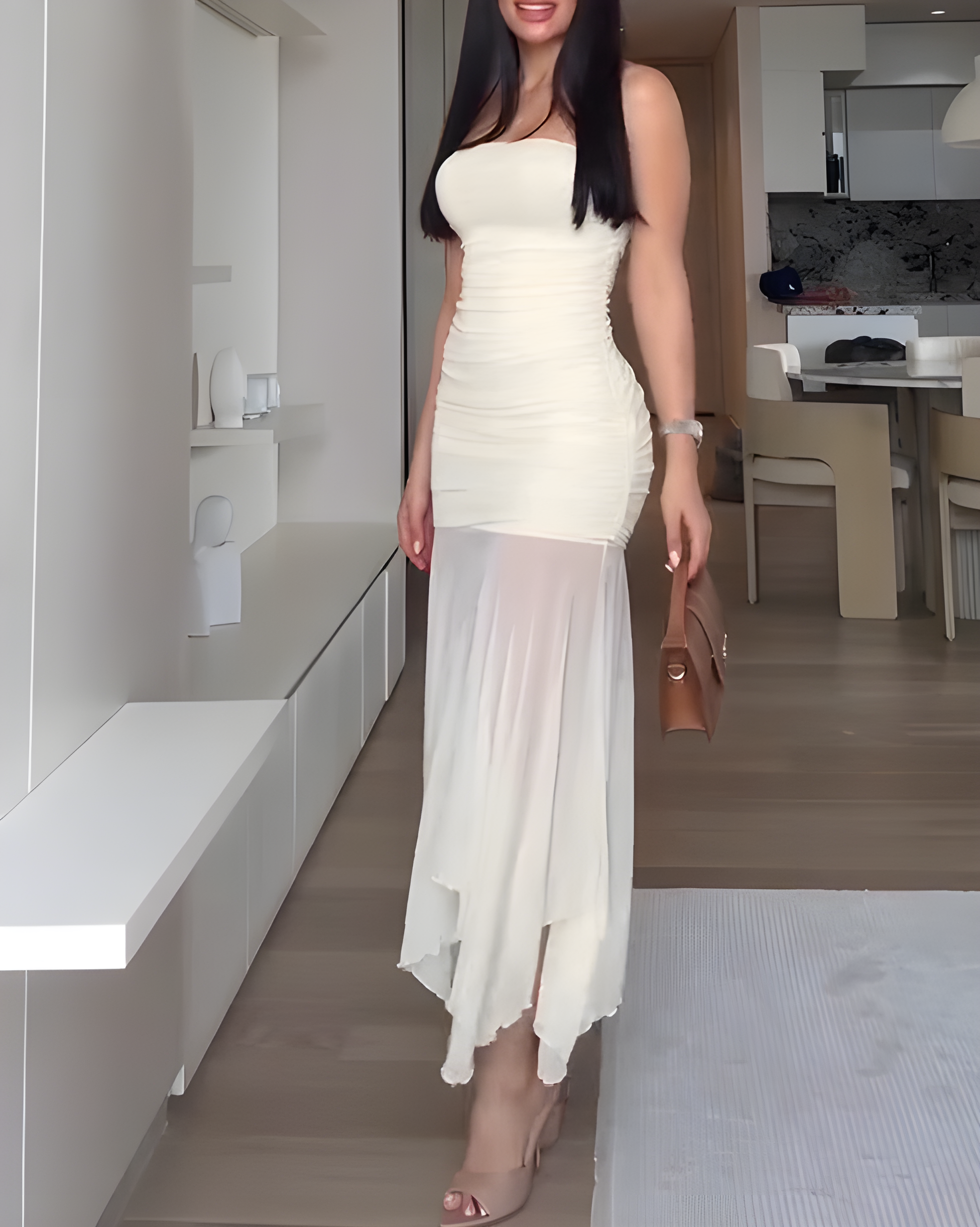 Women's Bandeau Sheer Mesh Irregular Ruched Dress