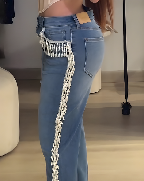 Women's Beaded Tassel Trim Straight Leg Jeans