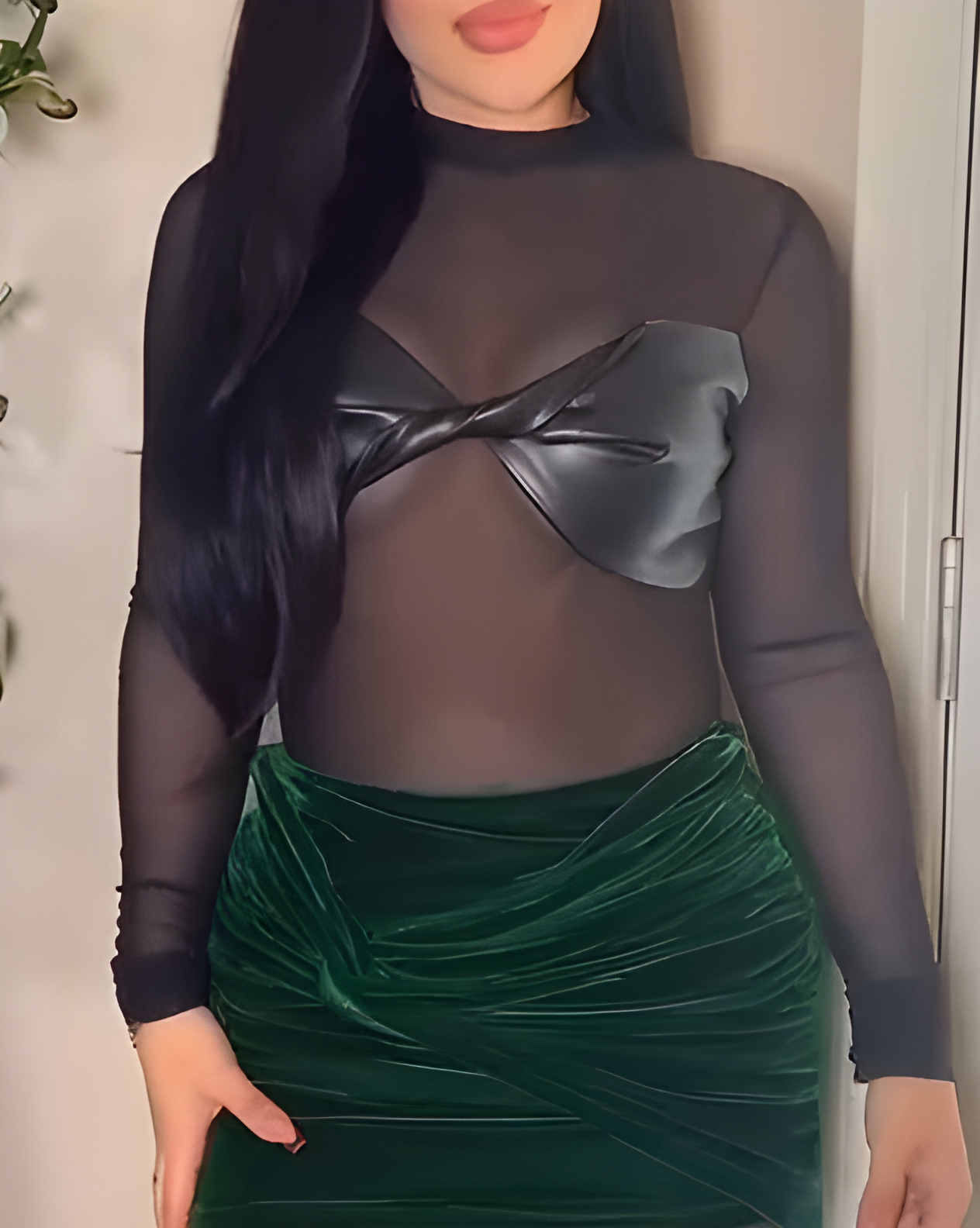 Sexy Sheer Mesh Leather Long-Sleeved Bodysuit