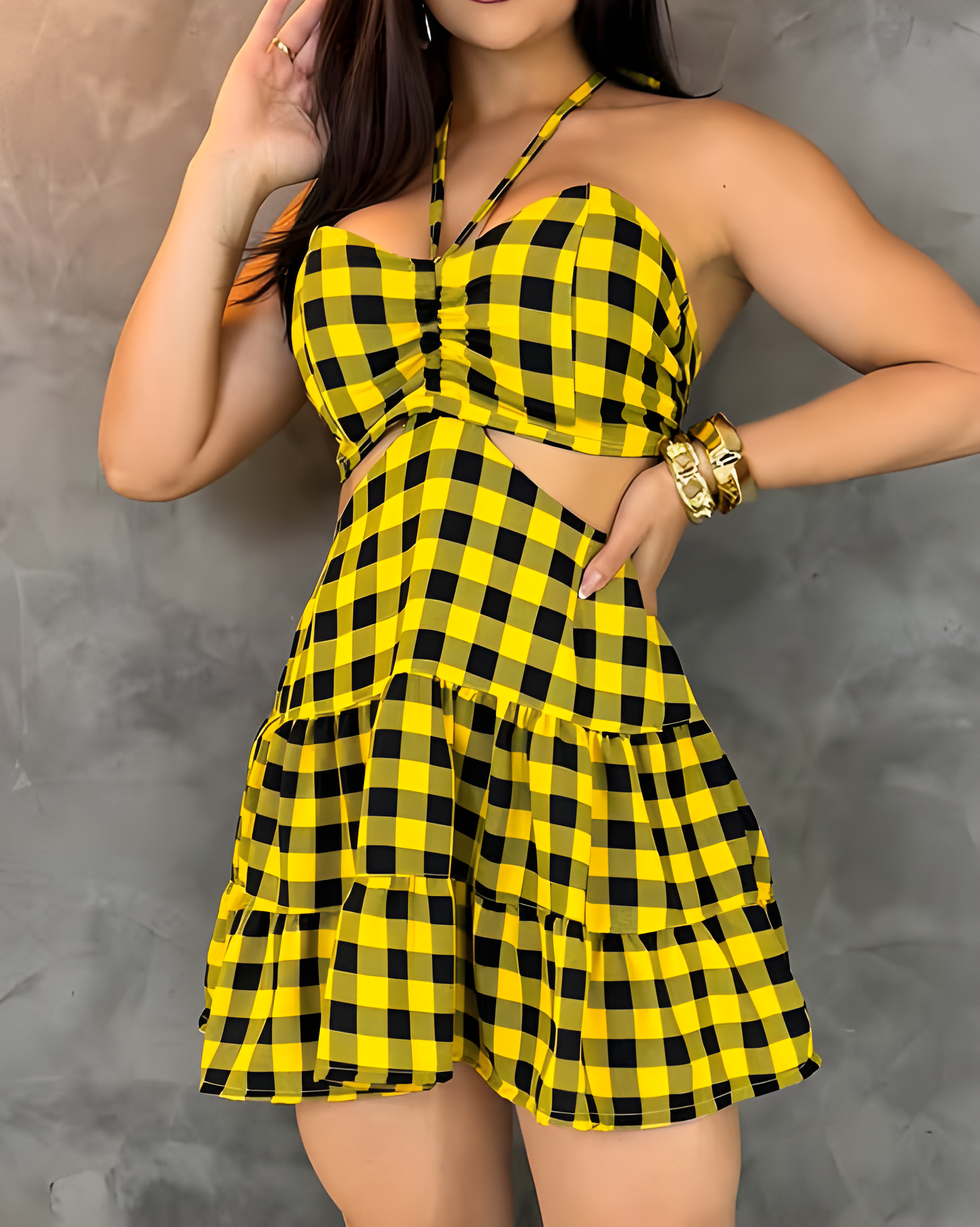 Women's Halter Neck Backless Plaid Dress