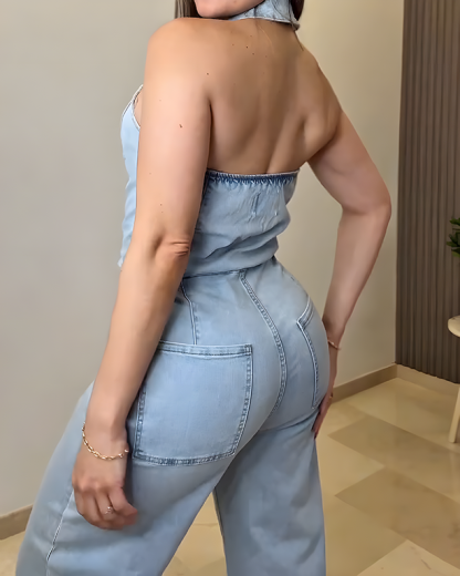 Sleeveless Halter Neck Lapel Wide-Leg Denim Jumpsuit