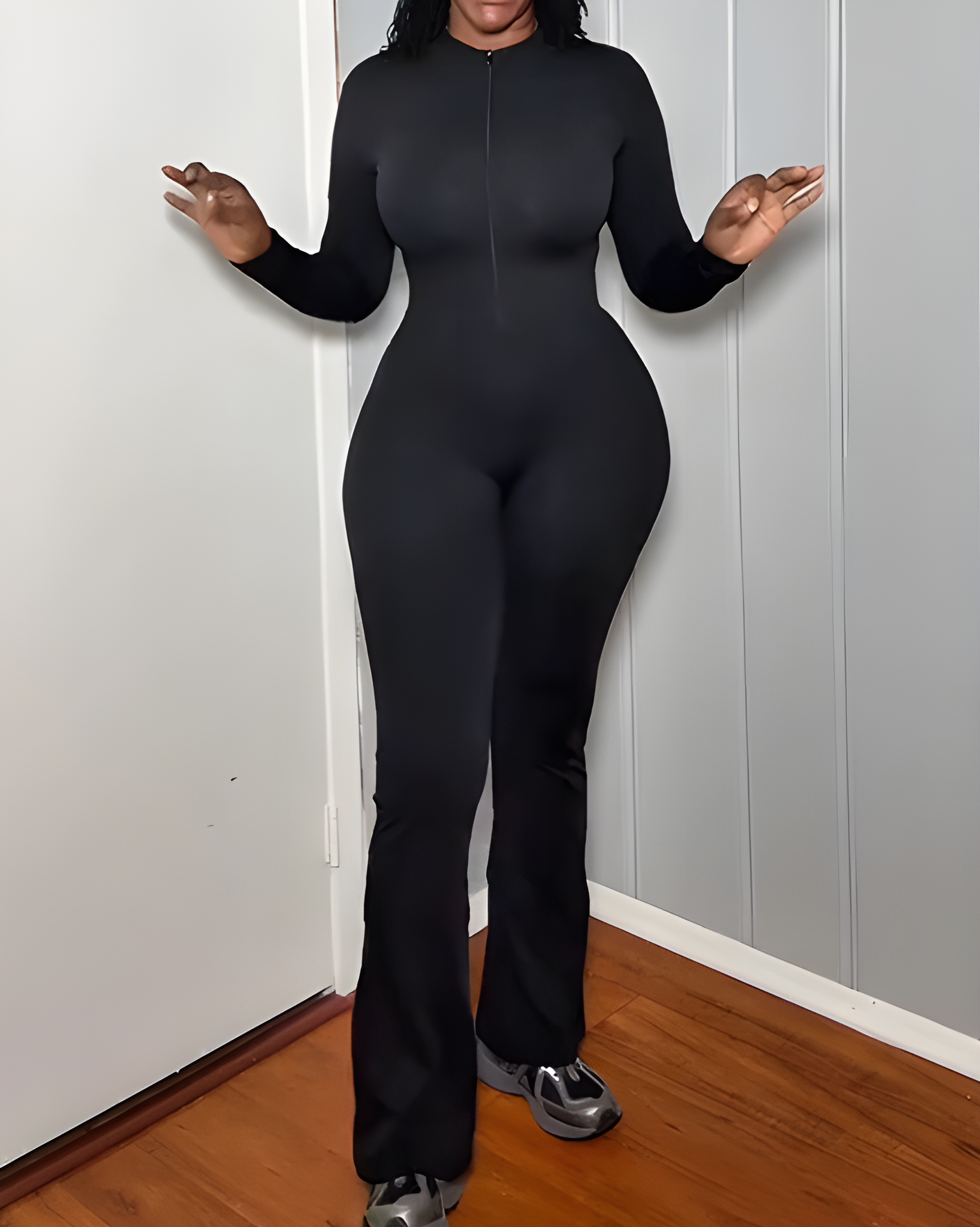Front Zip Long Sleeve Bodycon Flare Jumpsuit