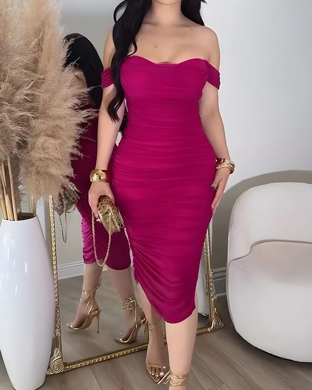 Sheer Mesh Ruched Off-the-Shoulder Bodycon Dress