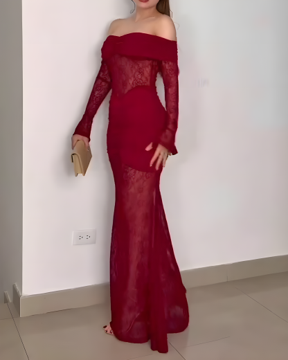 Sexy Lace Off-Shoulder Slit Long-Sleeved Dress