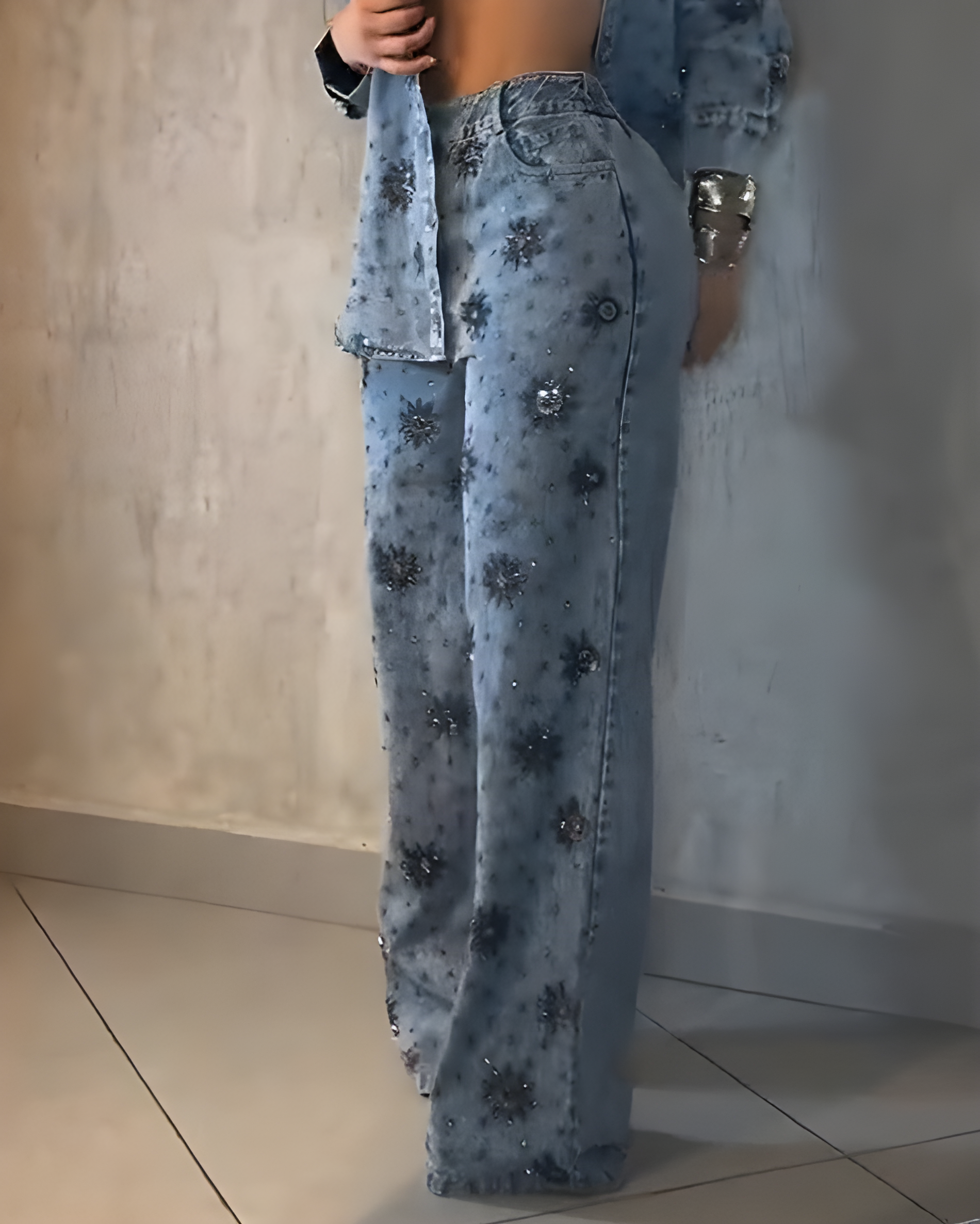 Women's Floral Beaded Sparkling Straight Leg Jeans