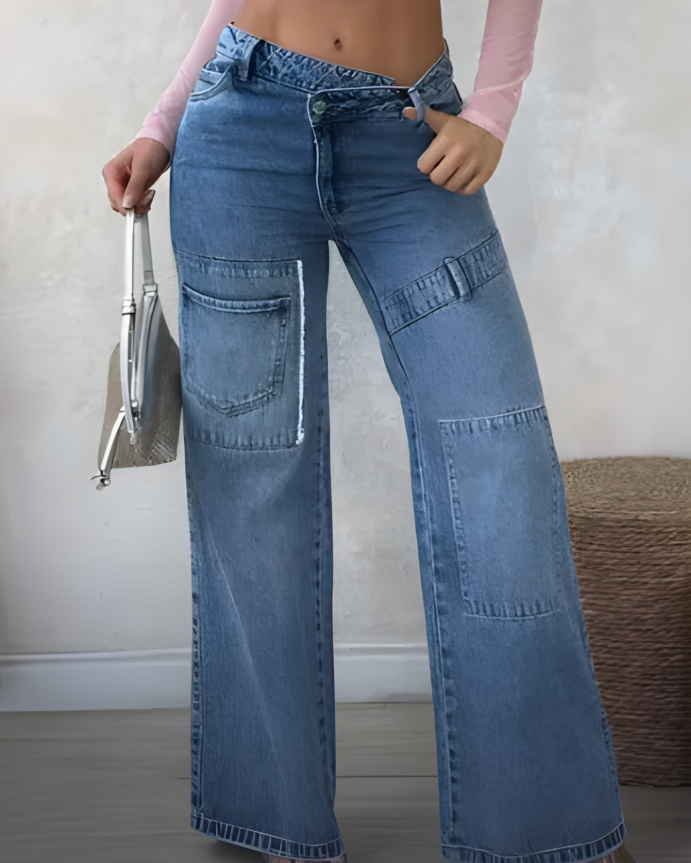Women's Oblique Buckle Wide-Leg Jeans
