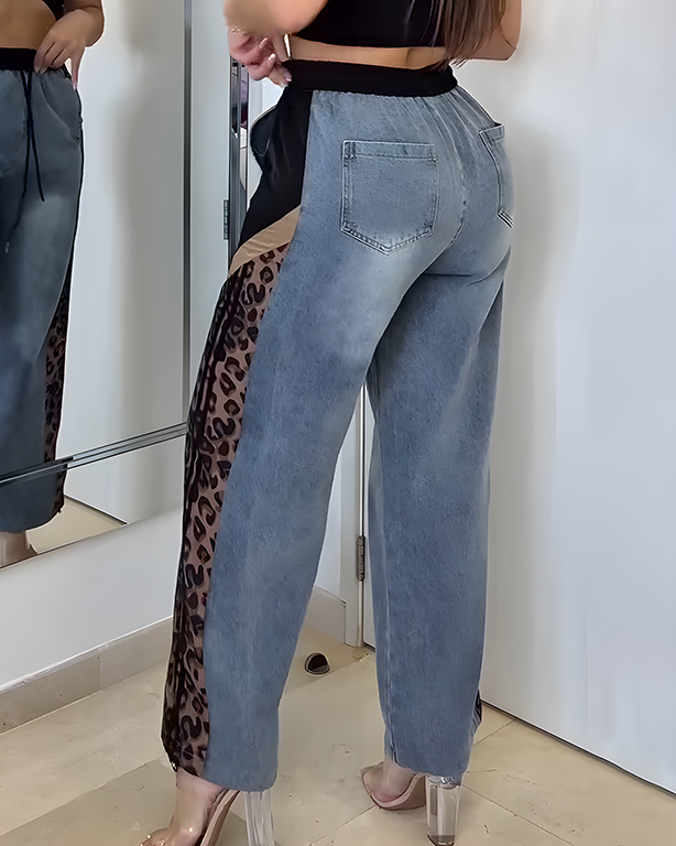 Women's Fashion Leopard Print Denim Wide Leg Pants