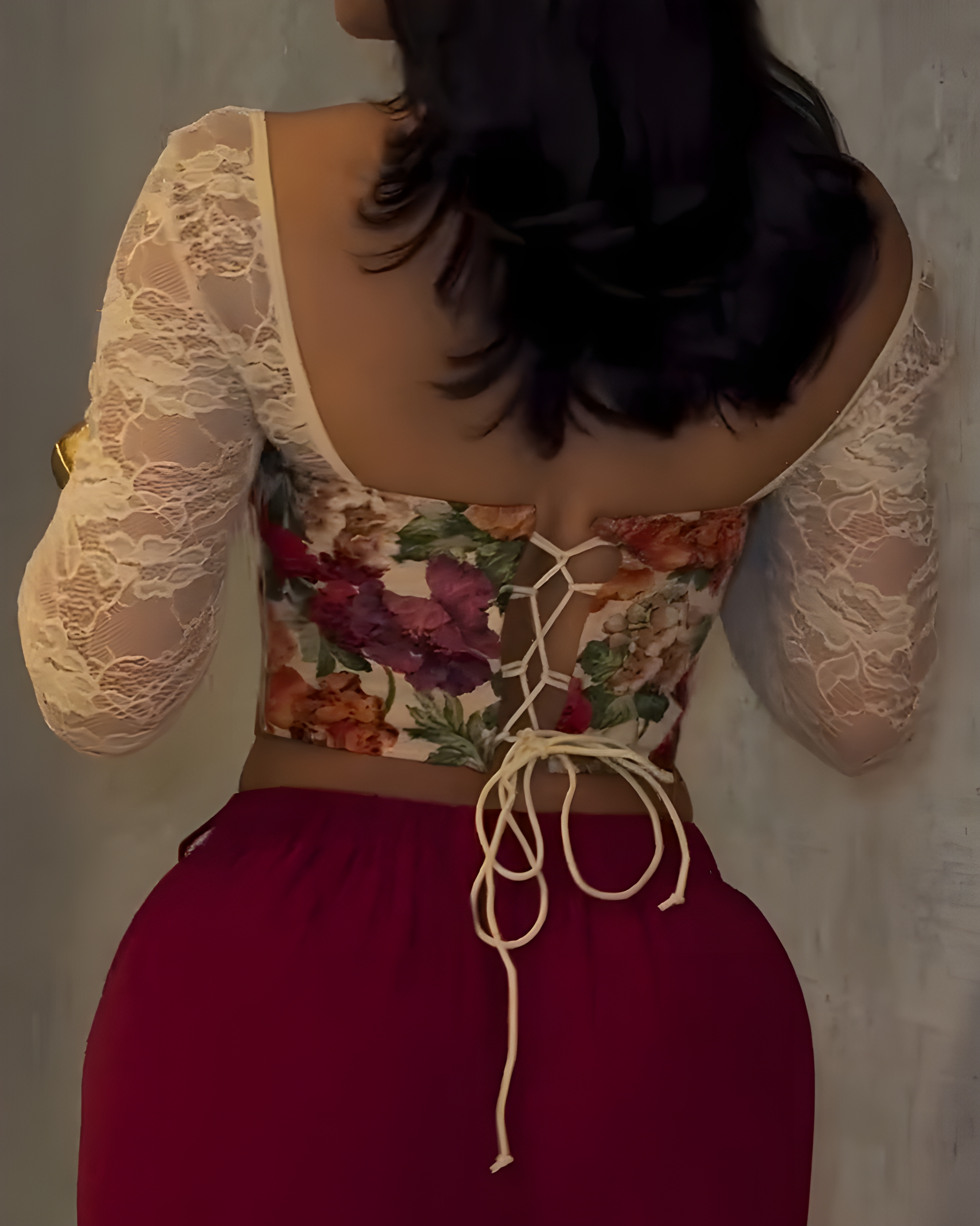 Sexy Printed Lace Panel Long Sleeve Corset Top