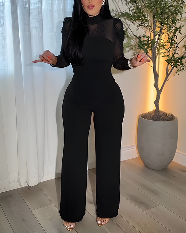 Sheer Mesh Stand Collar Slimming Wide Leg Jumpsuit